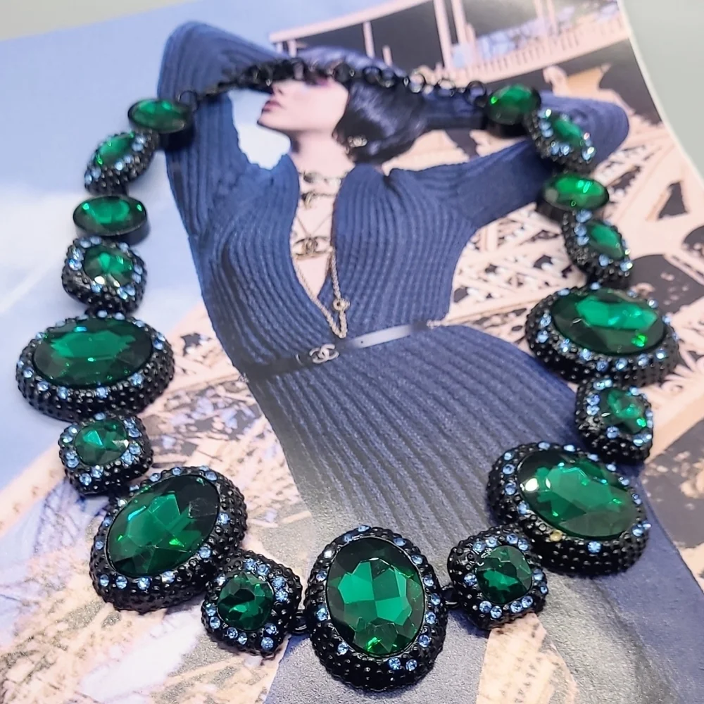 Vintage Estate Baroque Runway Green & Blue Austrian Crystal Statement Ne…
